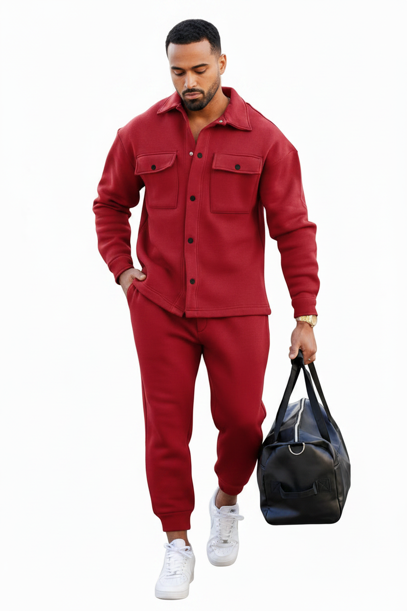 Men's Fleece Overshirt & Jogger Co-ord Set – Red Walking View