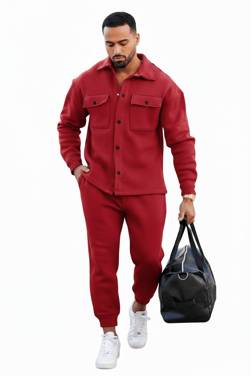 Men's Fleece Overshirt & Jogger Co-ord Set – Red Walking View