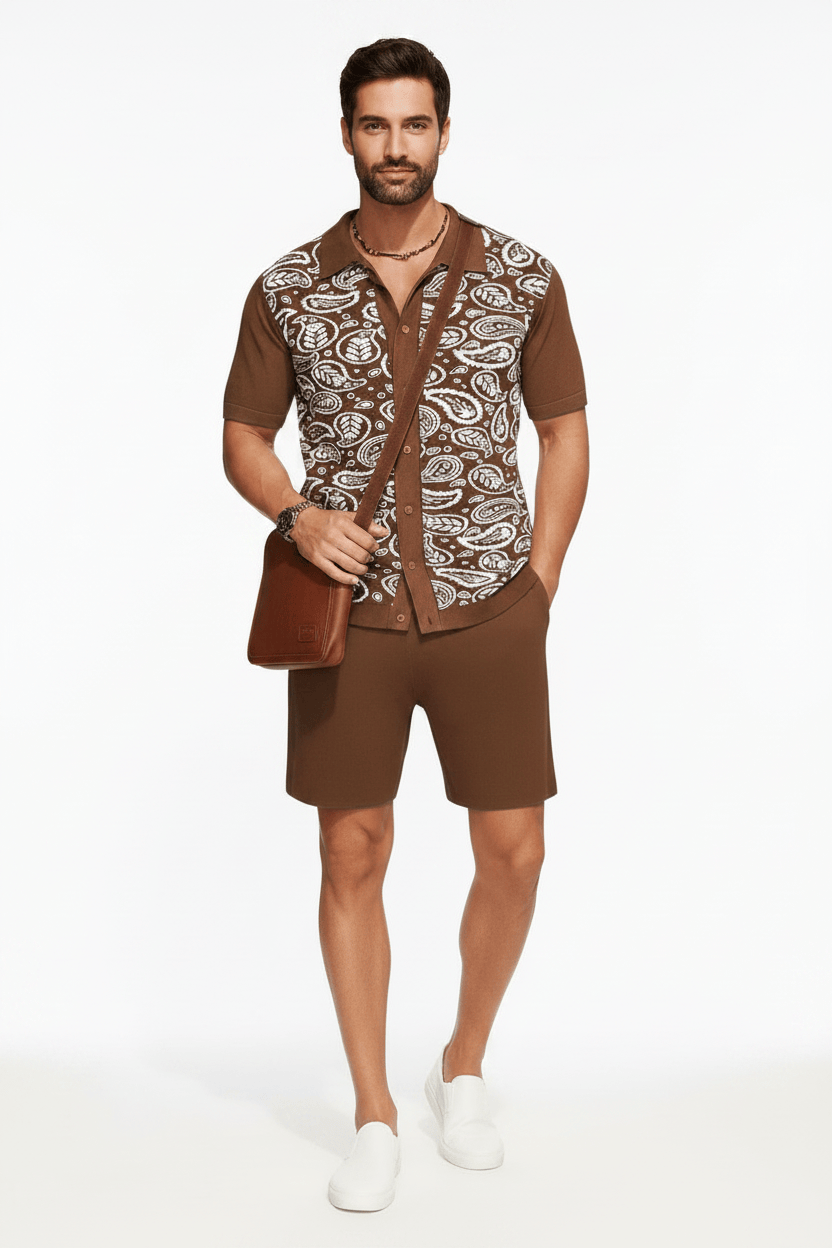 Paisley Knit Co-ord Set – Brown Model Front View