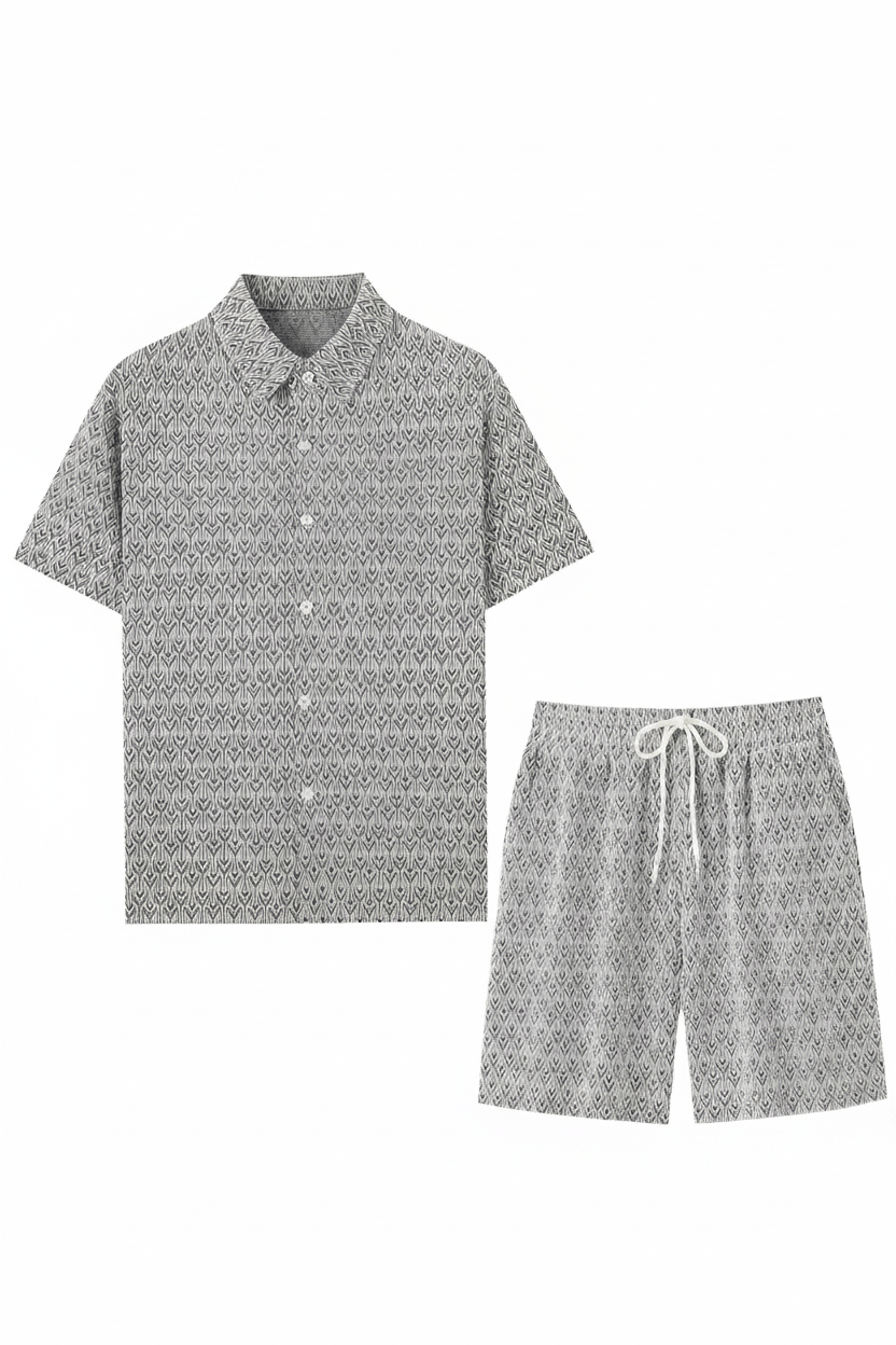 Gray geometric jacquard shirt and drawstring shorts flat lay - Epicplacess
