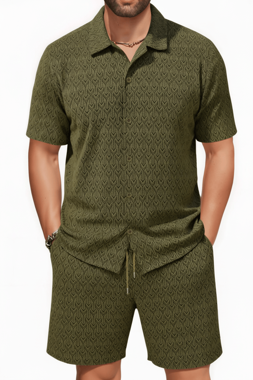 Men's dark olive geometric arrow jacquard shirt and shorts set - Epicplacess
