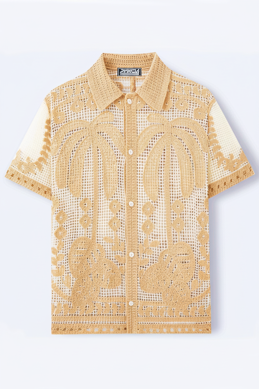 Men's Gold Crochet Lace Shirt – Flat Lay