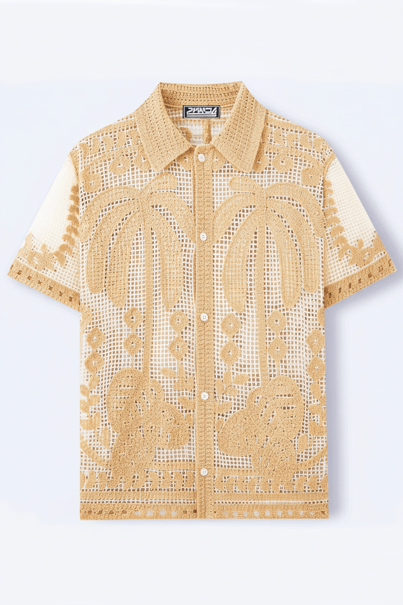 Men's Gold Crochet Lace Shirt – Flat Lay