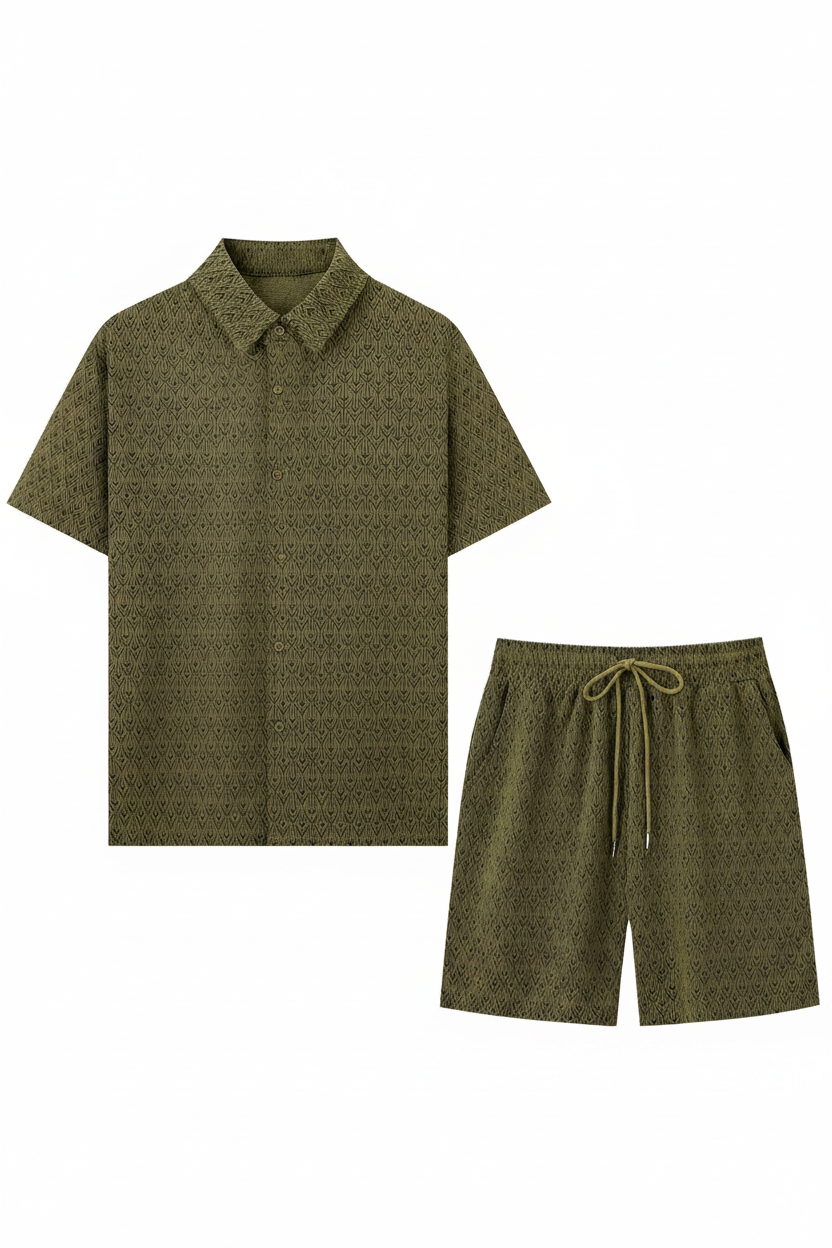Men's Geometric Arrow Jacquard Co-ord Set – Olive Green Flat Lay