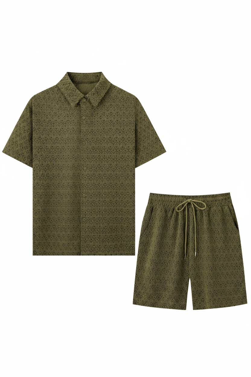 Olive green geometric jacquard button-up shirt and shorts flat lay - Epicplacess