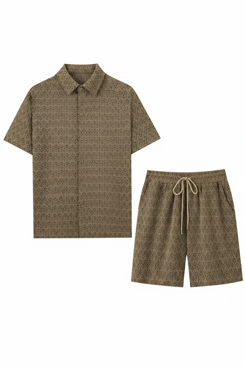 Khaki geometric jacquard button-up shirt and shorts flat lay - Epicplacess