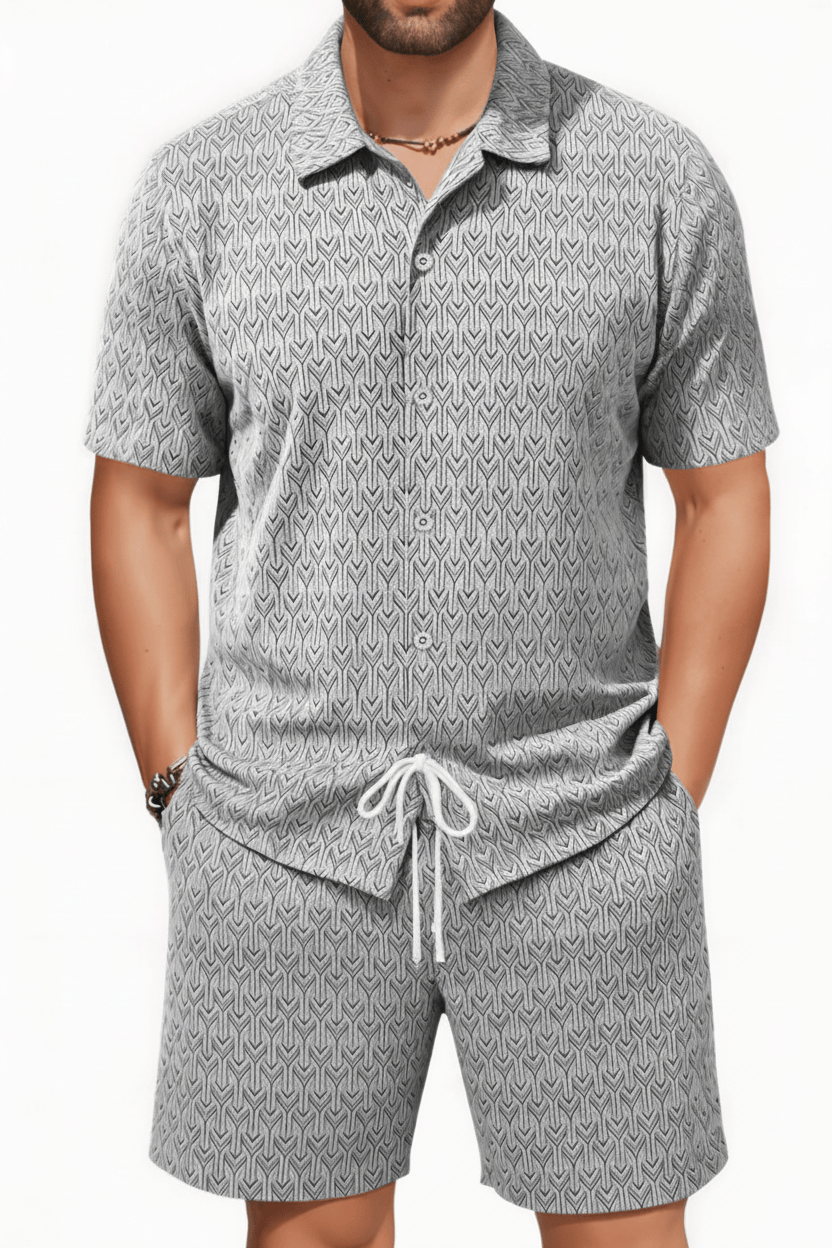 Men's gray geometric arrow jacquard shirt and shorts set - Epicplacess