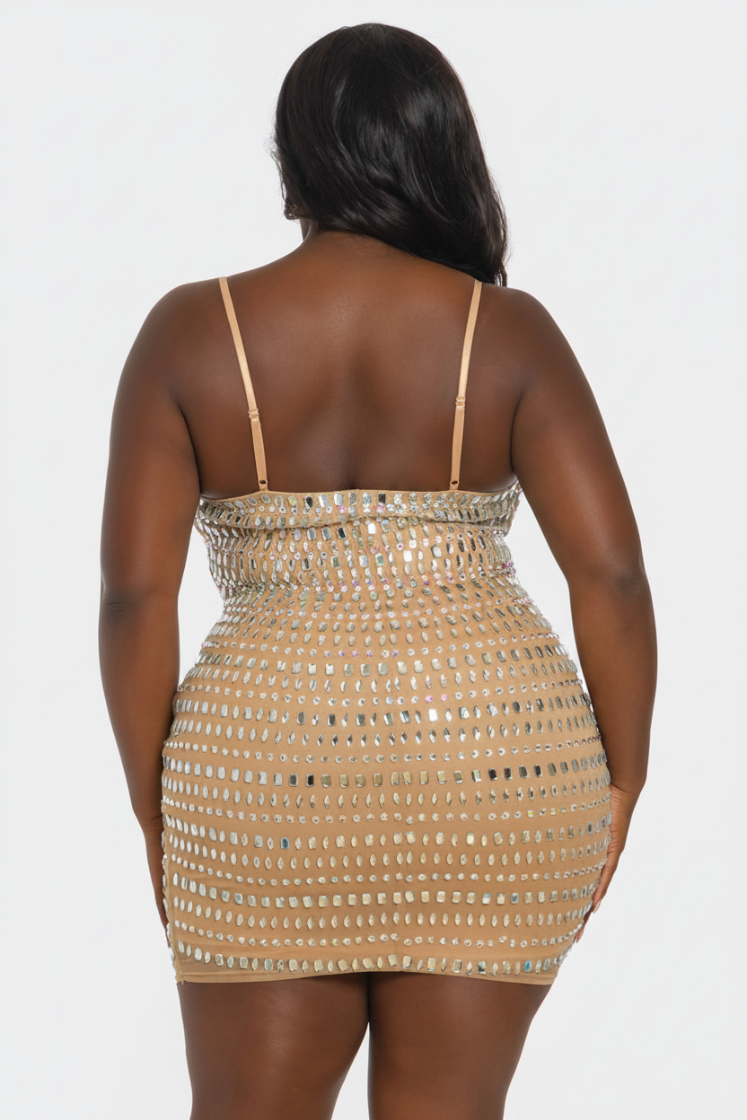 Gold Iridescent Mirror Rhinestone Mesh Bodycon Mini Dress - Back View