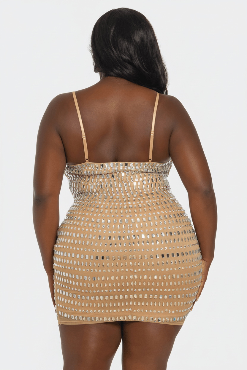 Gold Iridescent Mirror Rhinestone Mesh Bodycon Mini Dress - Back View