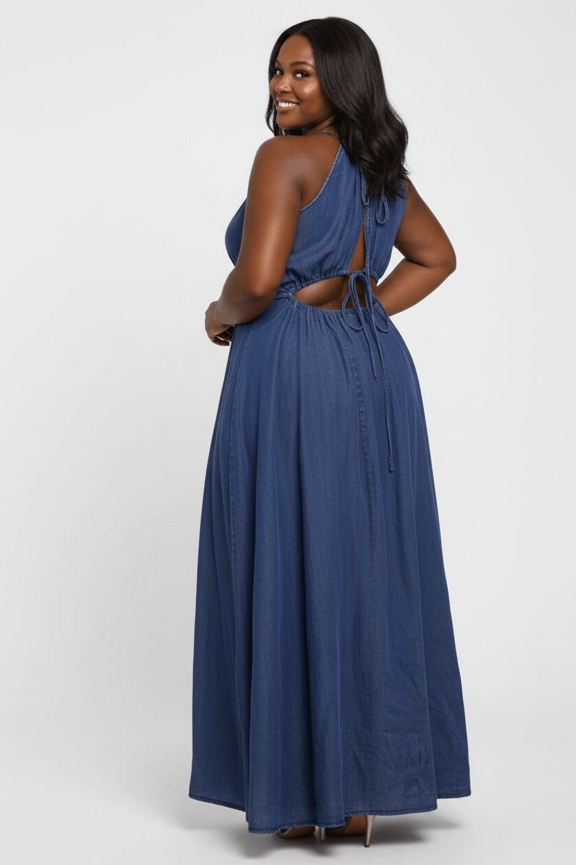 Plus Size Denim Halter Cutout Maxi Dress - Back Studio Enhanced