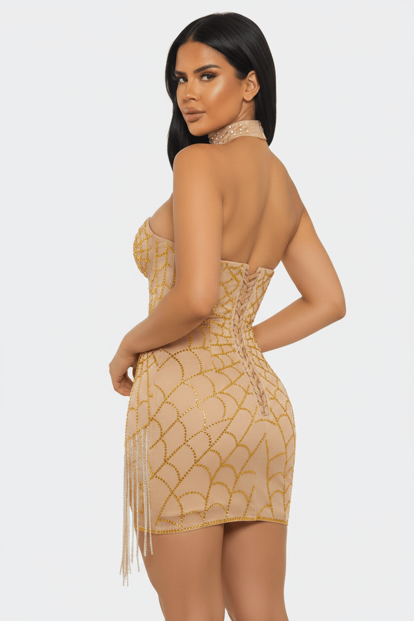 Champagne Royale Rhinestone Corset Mini Dress in champagne gold, open-back corset view