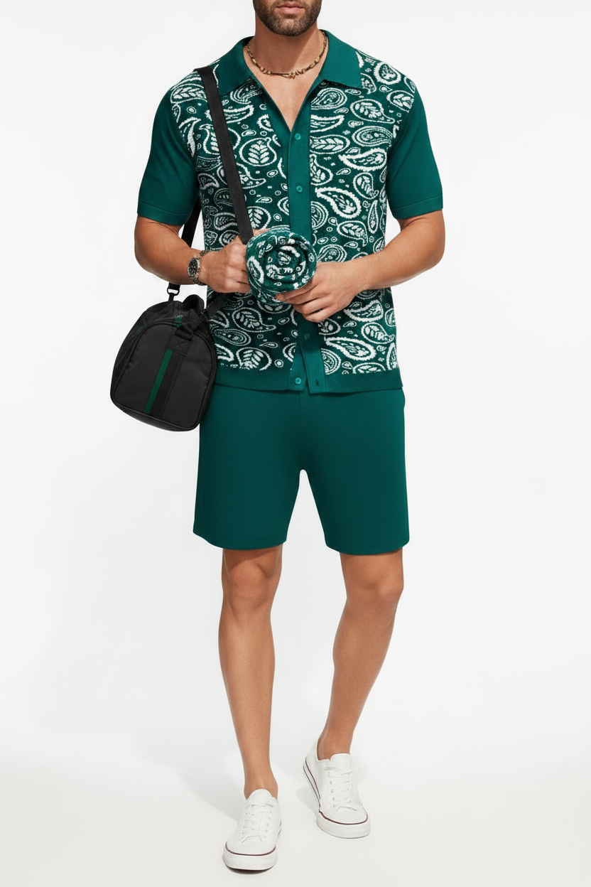 Paisley Knit Co-ord Set – Green Model Front View