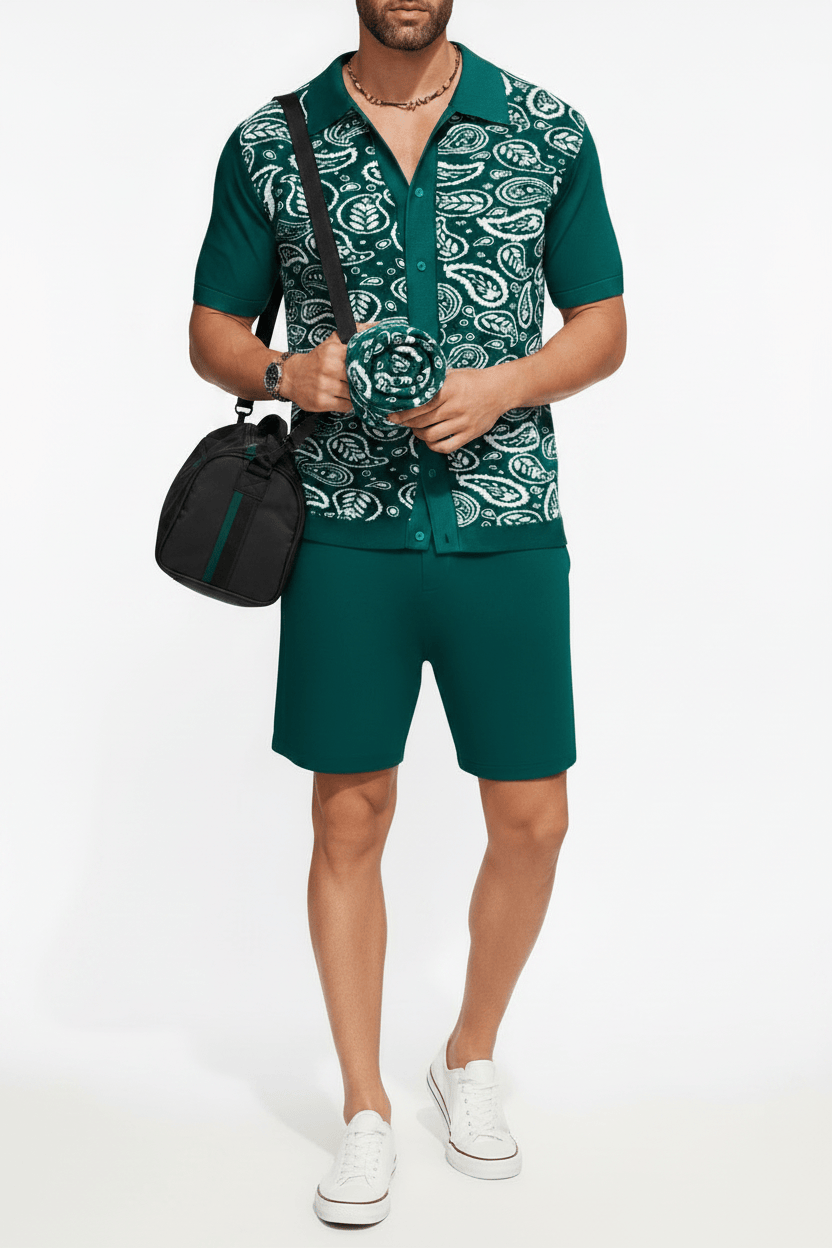 Paisley Knit Co-ord Set – Green Model Front View