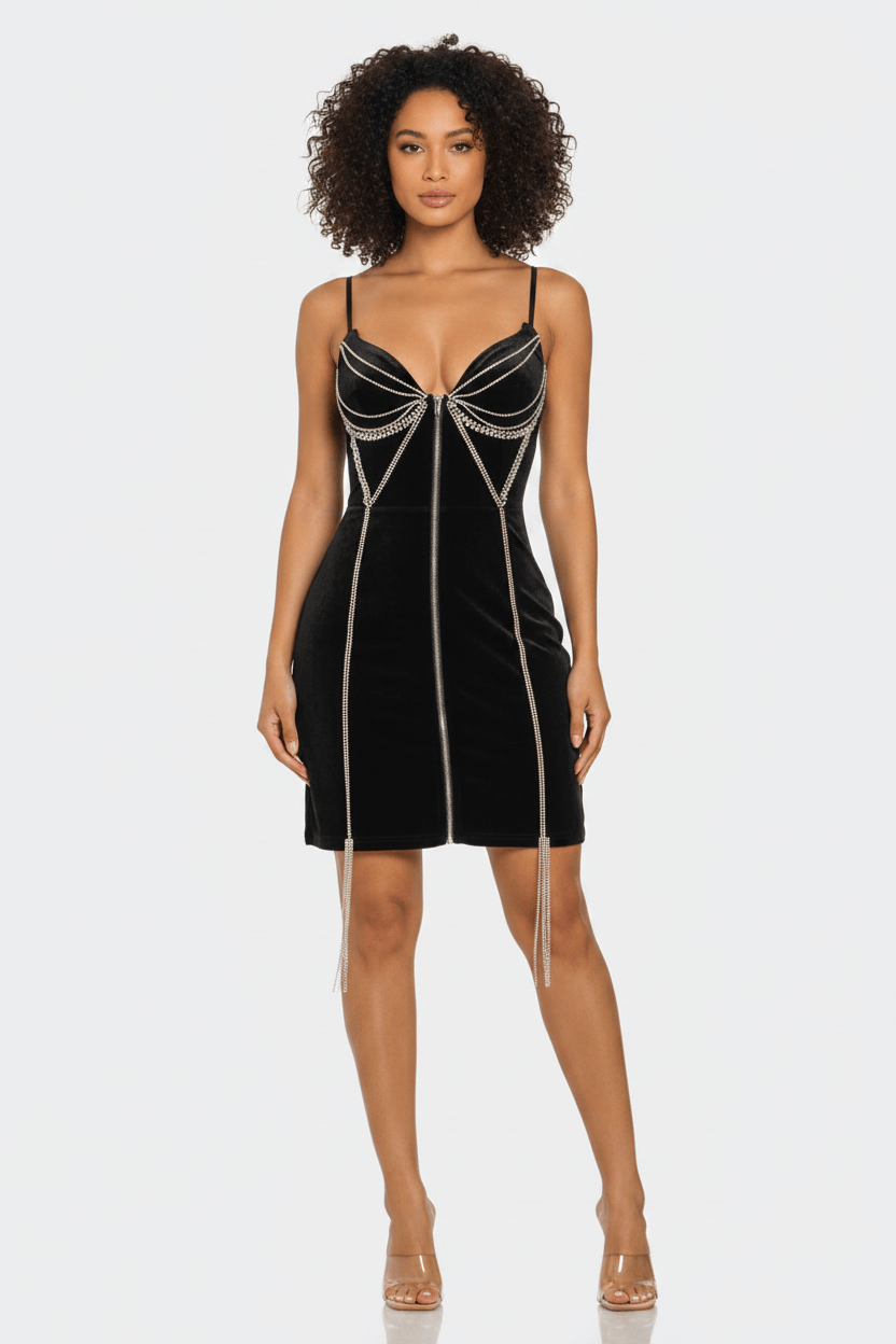 Midnight Spark black rhinestone velvet bodycon mini dress front view