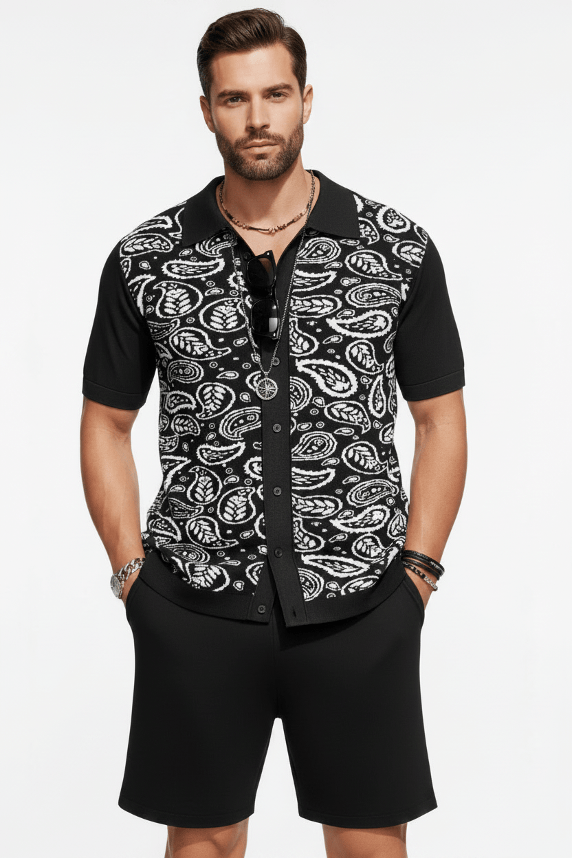 Paisley Knit Co-ord Set – Black Model Front View