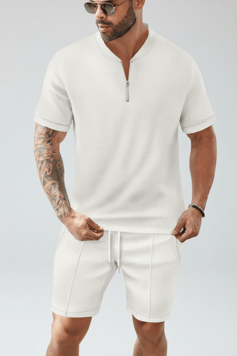 Men's Waffle-Knit Quarter-Zip Co-ord Set – Off-White Three-Quarter View