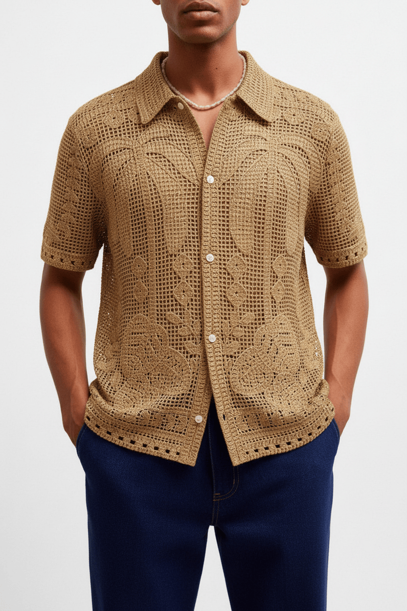 Men's Gold Crochet Lace Shirt – Front View on Model