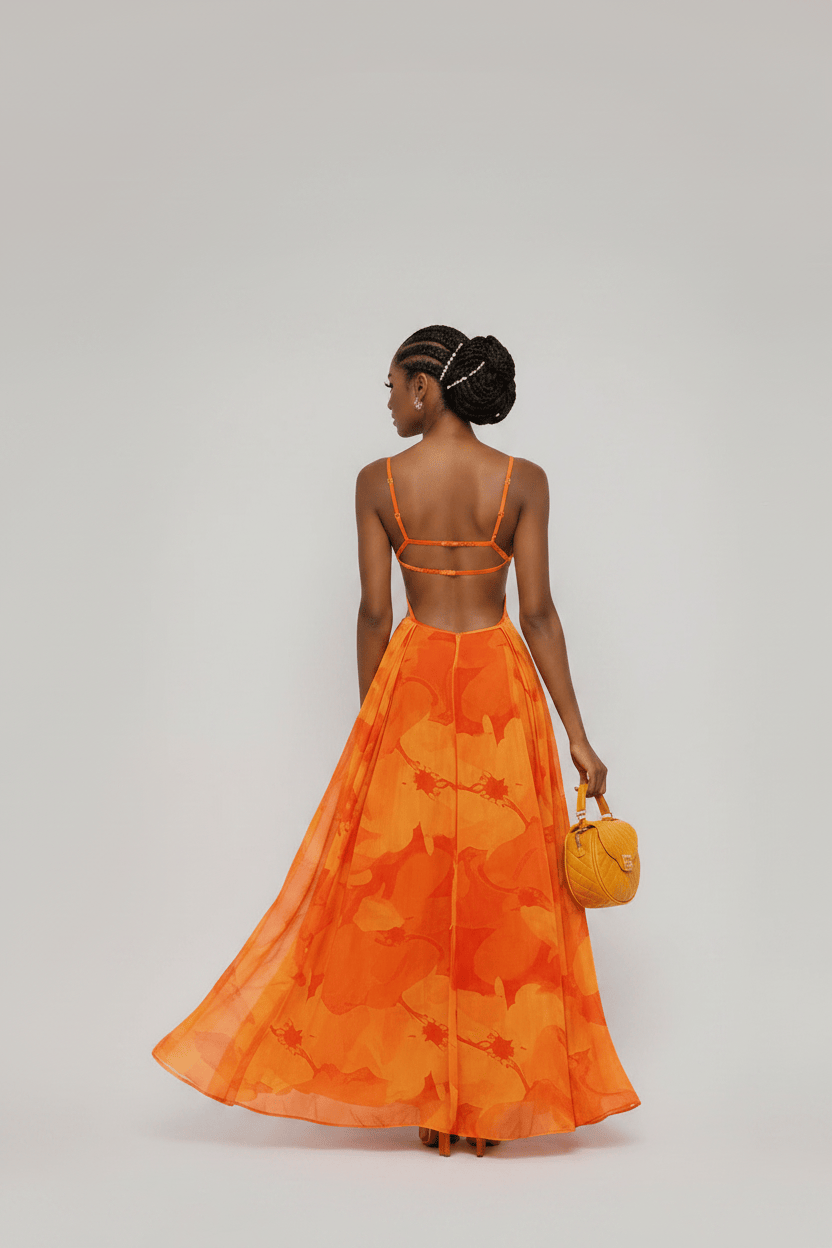 Orange Floral Cutout Spaghetti Strap Maxi Dress - Epicplacess