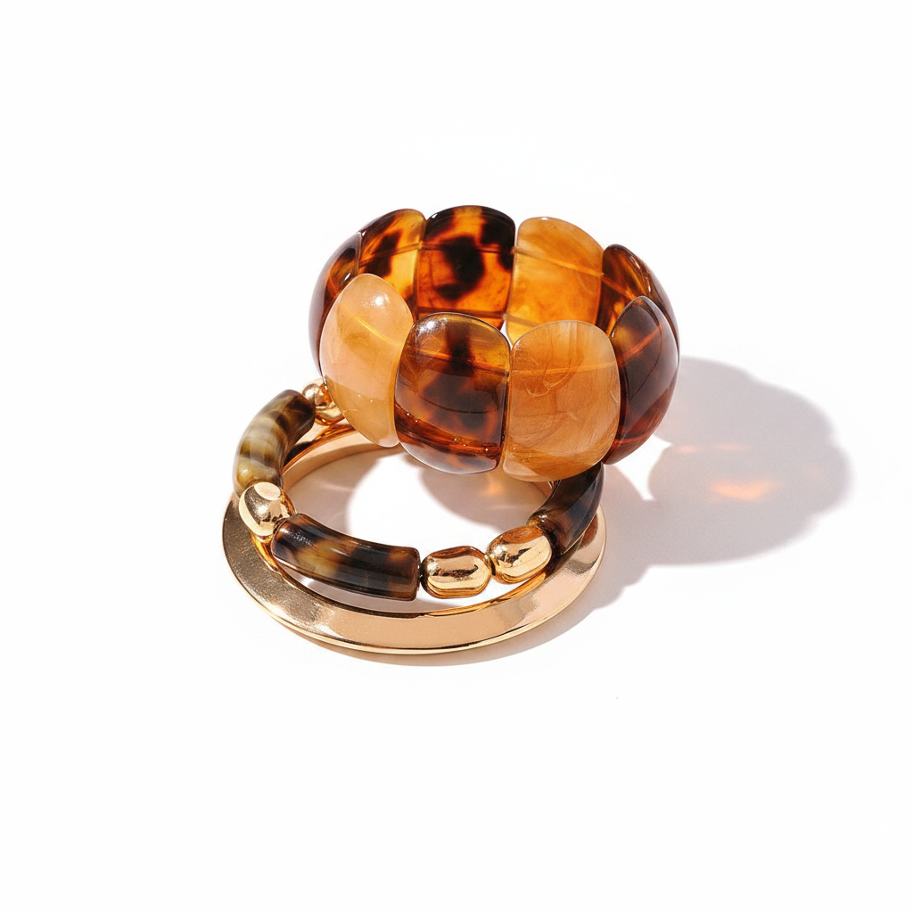 Amber Tortoise Marbled Resin & Gold Bracelet Stack Set