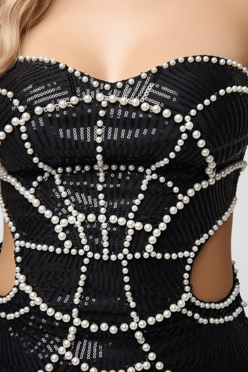 Black Pearl Beaded Spiderweb Bodycon Midi Dress - Pearl Detail Close-Up