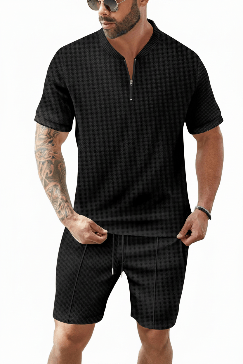 Men's Waffle-Knit Quarter-Zip Co-ord Set – Black Model Front View