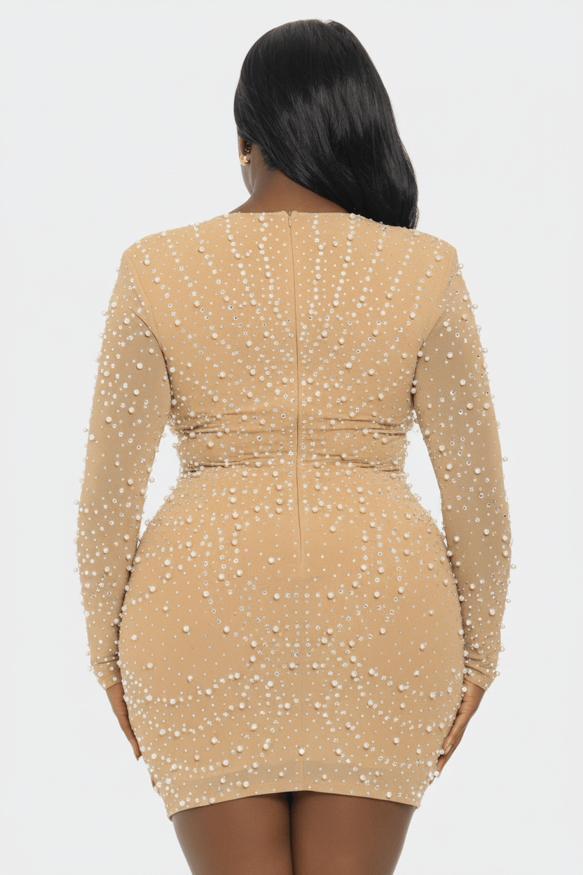 Nude Pearl Rhinestone Long Sleeve Plunge Bodycon Mini Dress - Back View