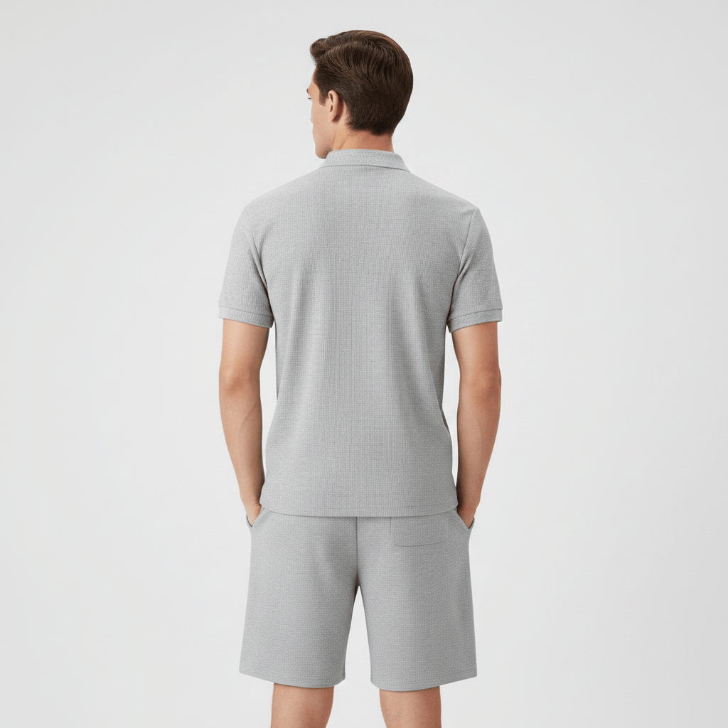 Men's Waffle-Knit Quarter-Zip Co-ord Set – Grey Back Flat Lay