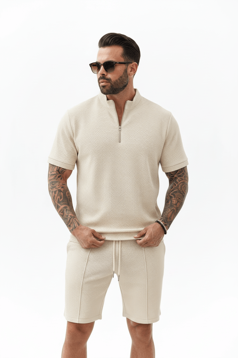 Men's Waffle-Knit Quarter-Zip Co-ord Set – Cream Model Front View