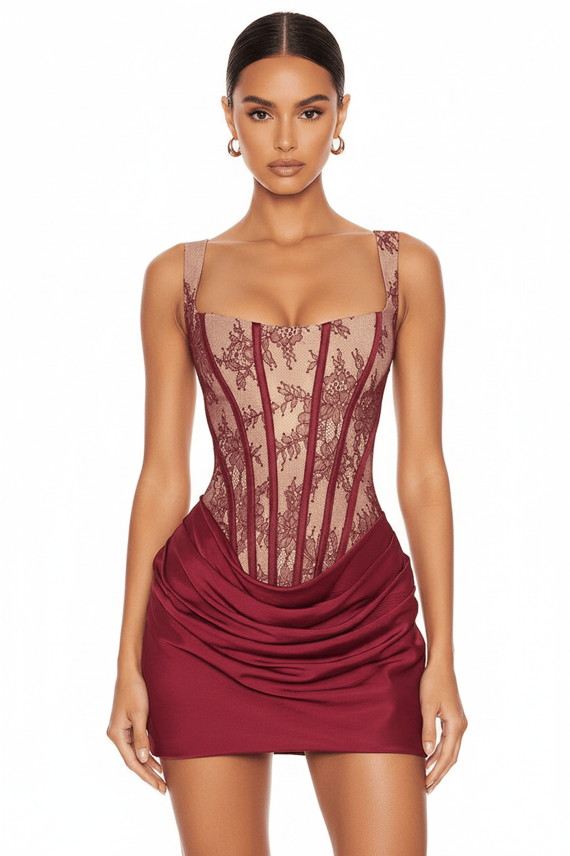 Burgundy corset lace bodice ruched satin mini dress front view