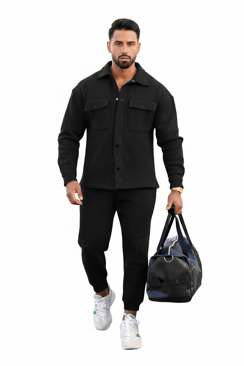 Men's Fleece Overshirt & Jogger Co-ord Set – Black Walking View
