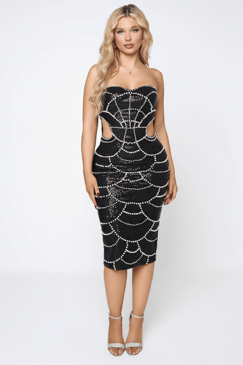 Black Pearl Beaded Spiderweb Bodycon Midi Dress - Front View
