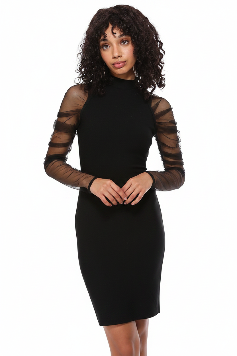 Black mock neck sheer mesh ruffle sleeve bodycon mini dress front view