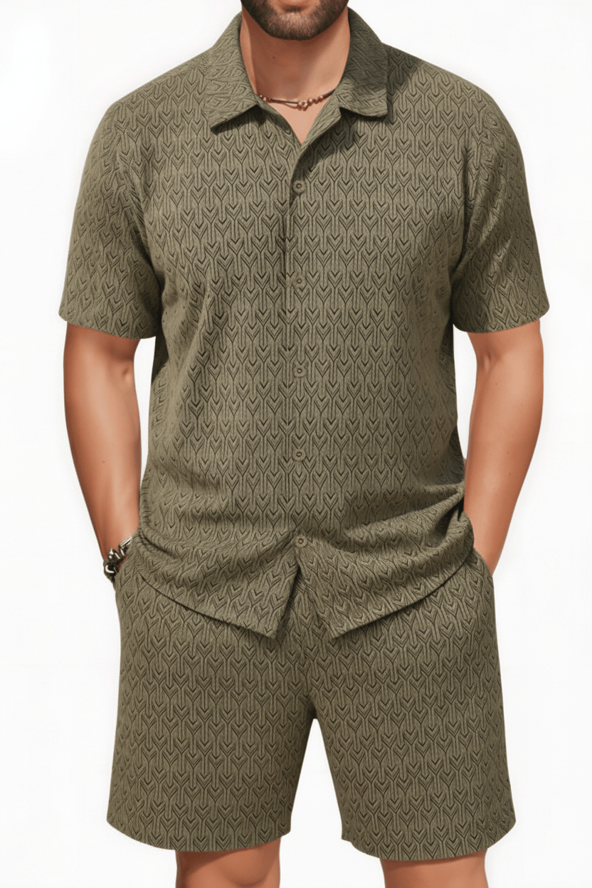 Men's olive green geometric arrow jacquard co-ord set - Epicplacess