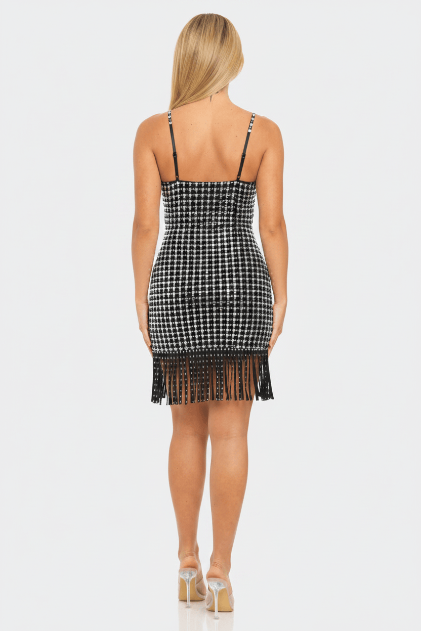 Silver Mirror Tile Rhinestone Fringe Mini Dress - Back View