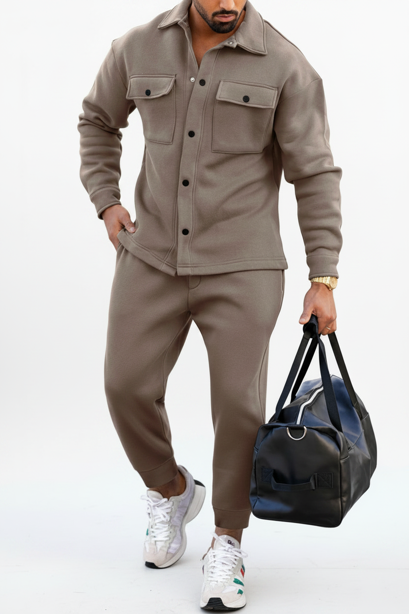 Men's Fleece Overshirt & Jogger Co-ord Set – Khaki Walking View