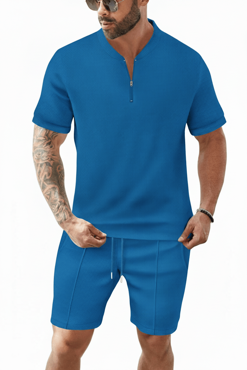 Men's Waffle-Knit Quarter-Zip Co-ord Set – Blue Model Front View