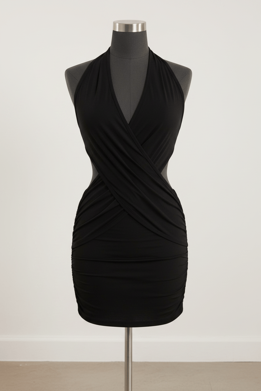 Halter Neck Ruched Bodycon Mini Dress - Black Studio Enhanced