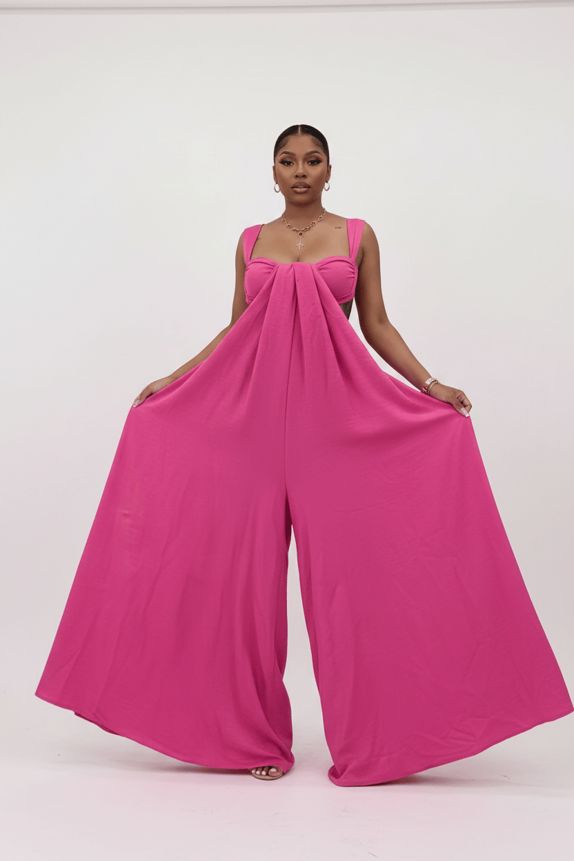 Fuchsia Cutout Bustier Wide-Leg Maxi Jumpsuit - Detail Front View