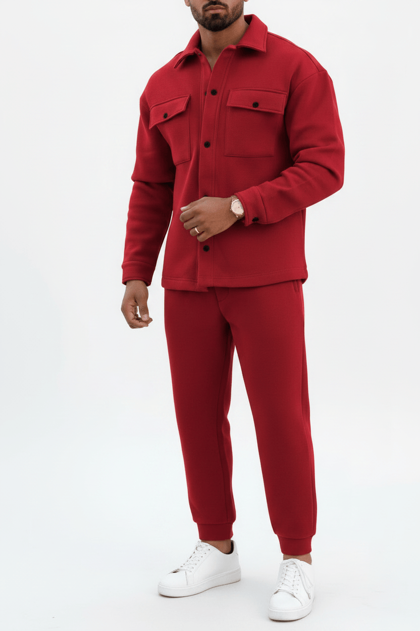 Men's Fleece Overshirt & Jogger Co-ord Set – Red Front View