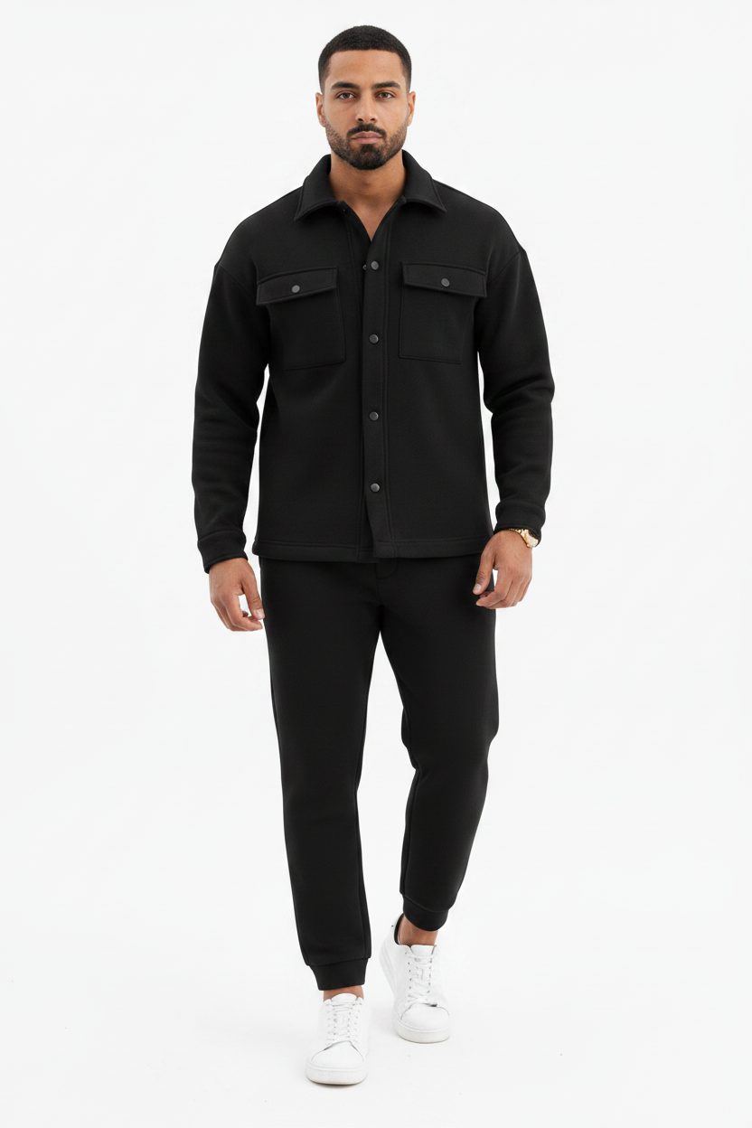 Men's Fleece Overshirt & Jogger Co-ord Set – Black Front View