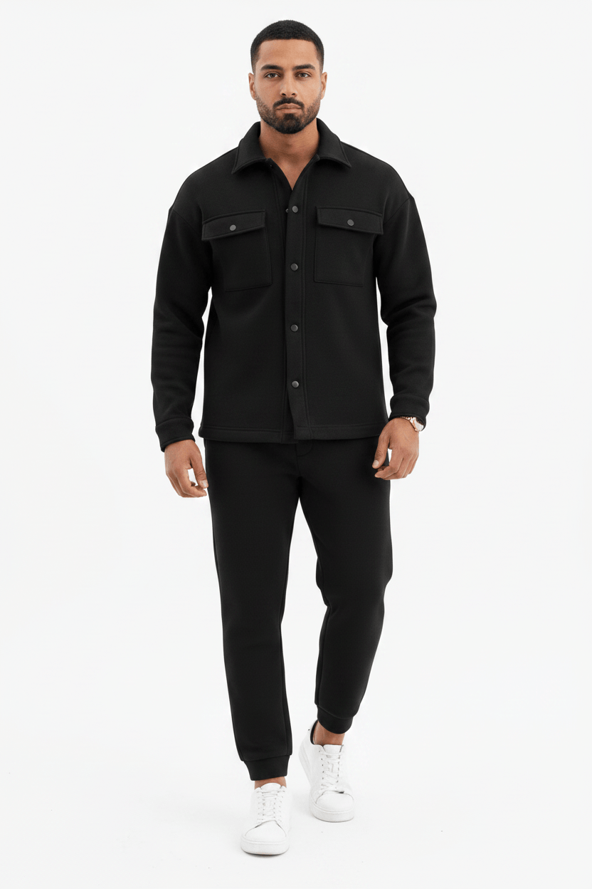 Men's Fleece Overshirt & Jogger Co-ord Set – Black Front View