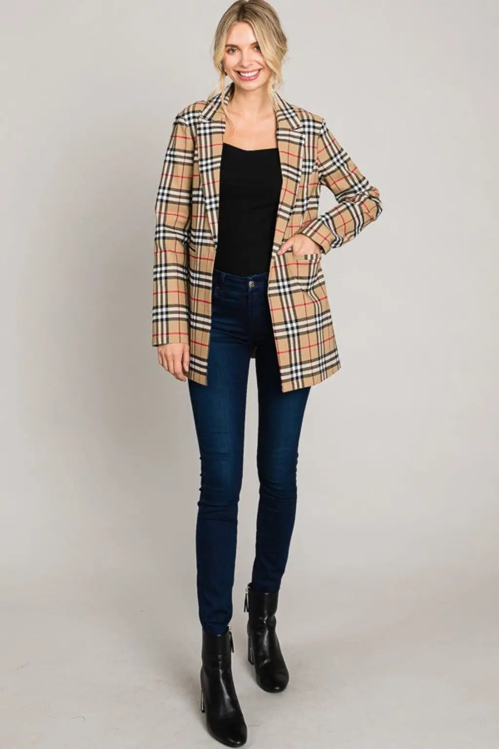 Breasted Tartan Plaid cream Leather Blazer Jacket - Epicplacess