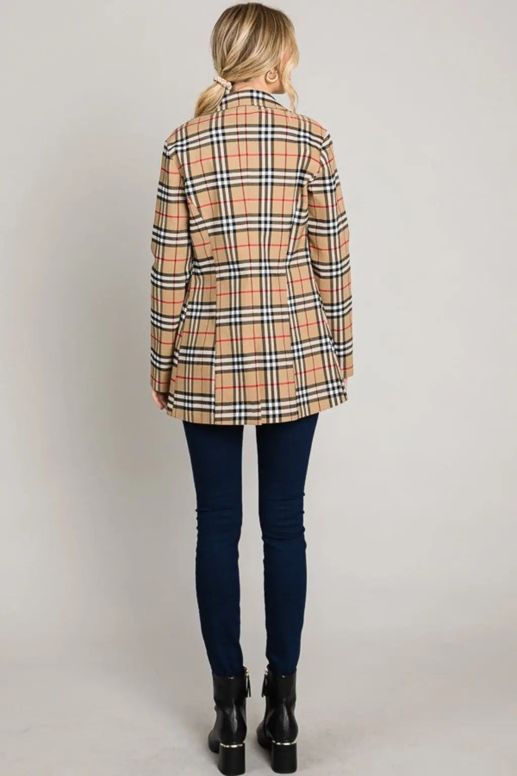 Breasted Tartan Plaid cream Leather Blazer Jacket - Epicplacess