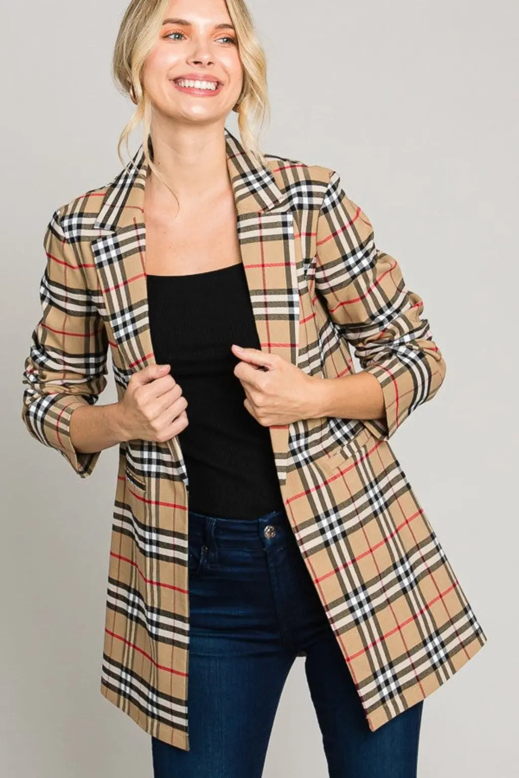 Breasted Tartan Plaid cream Leather Blazer Jacket - Epicplacess