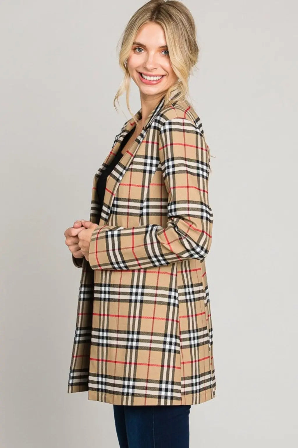 Breasted Tartan Plaid cream Leather Blazer Jacket - Epicplacess