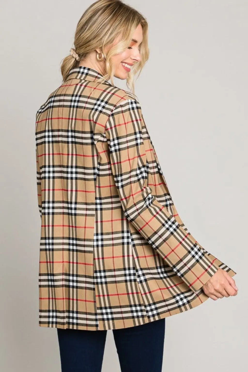 Breasted Tartan Plaid cream Leather Blazer Jacket - Epicplacess