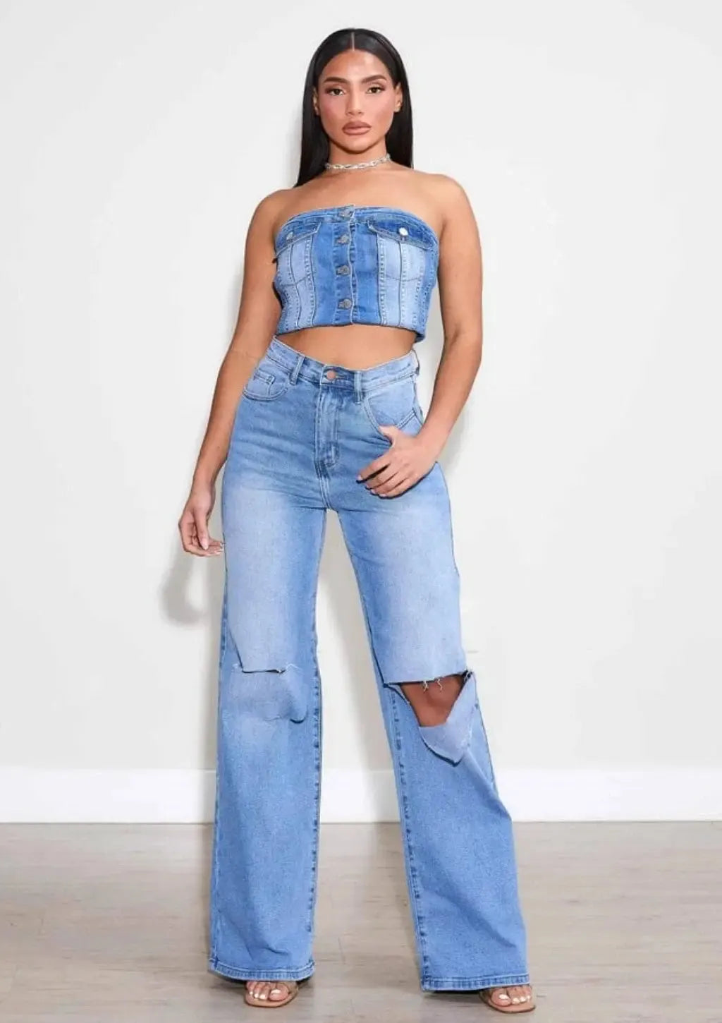 Light blue wide-leg ripped high-waist jeans - Epicplacess
