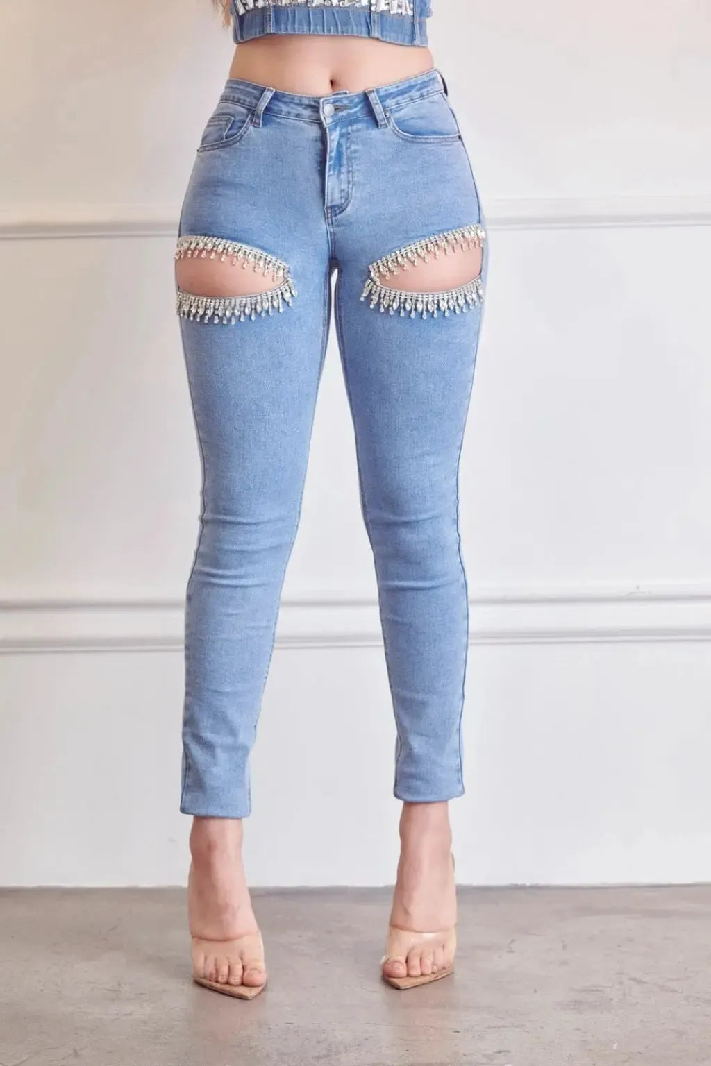 Rhinestone stretch skinny jeans side view - Epicplacess