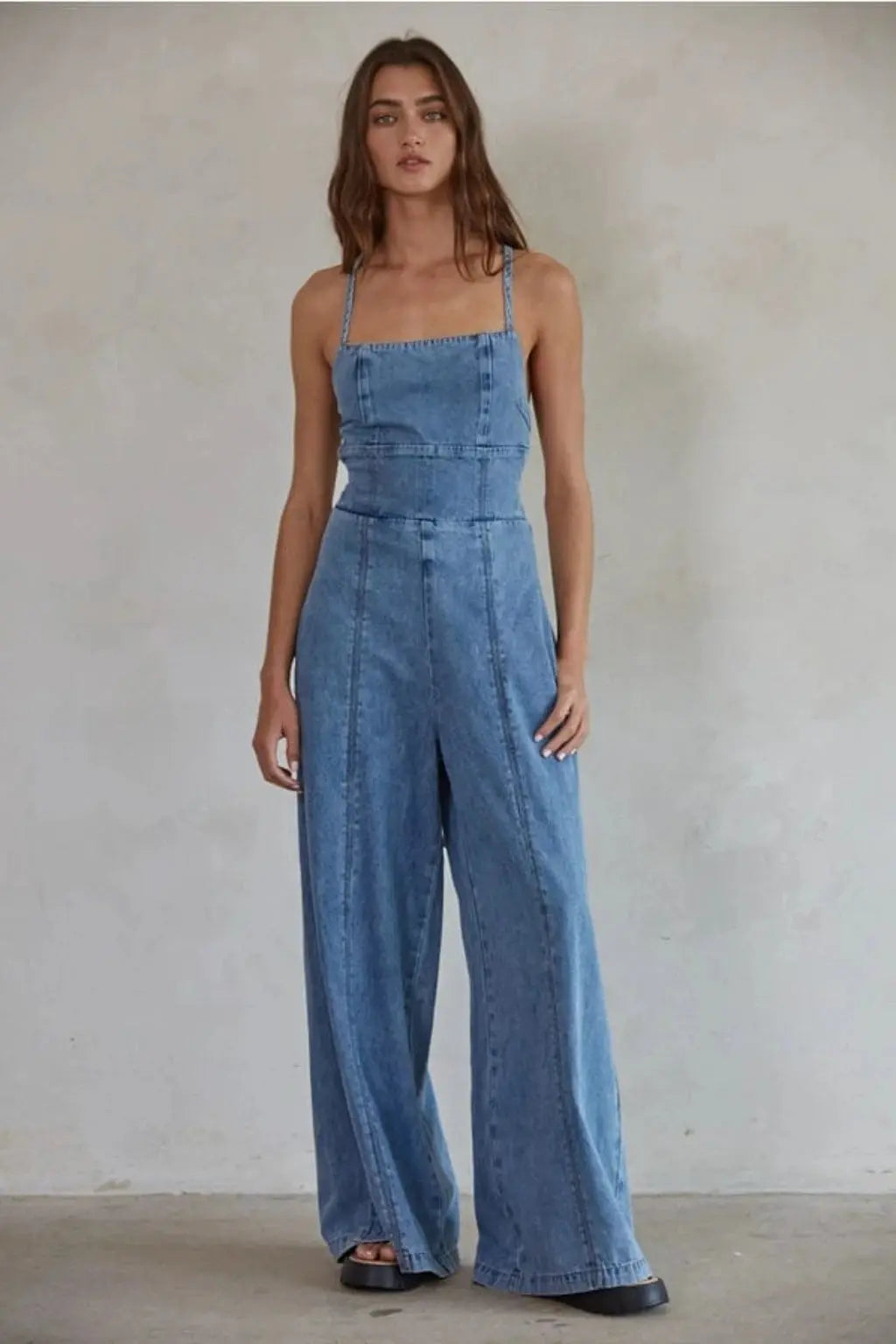 Retro blue denim wide-leg jumpsuit - Epicplacess