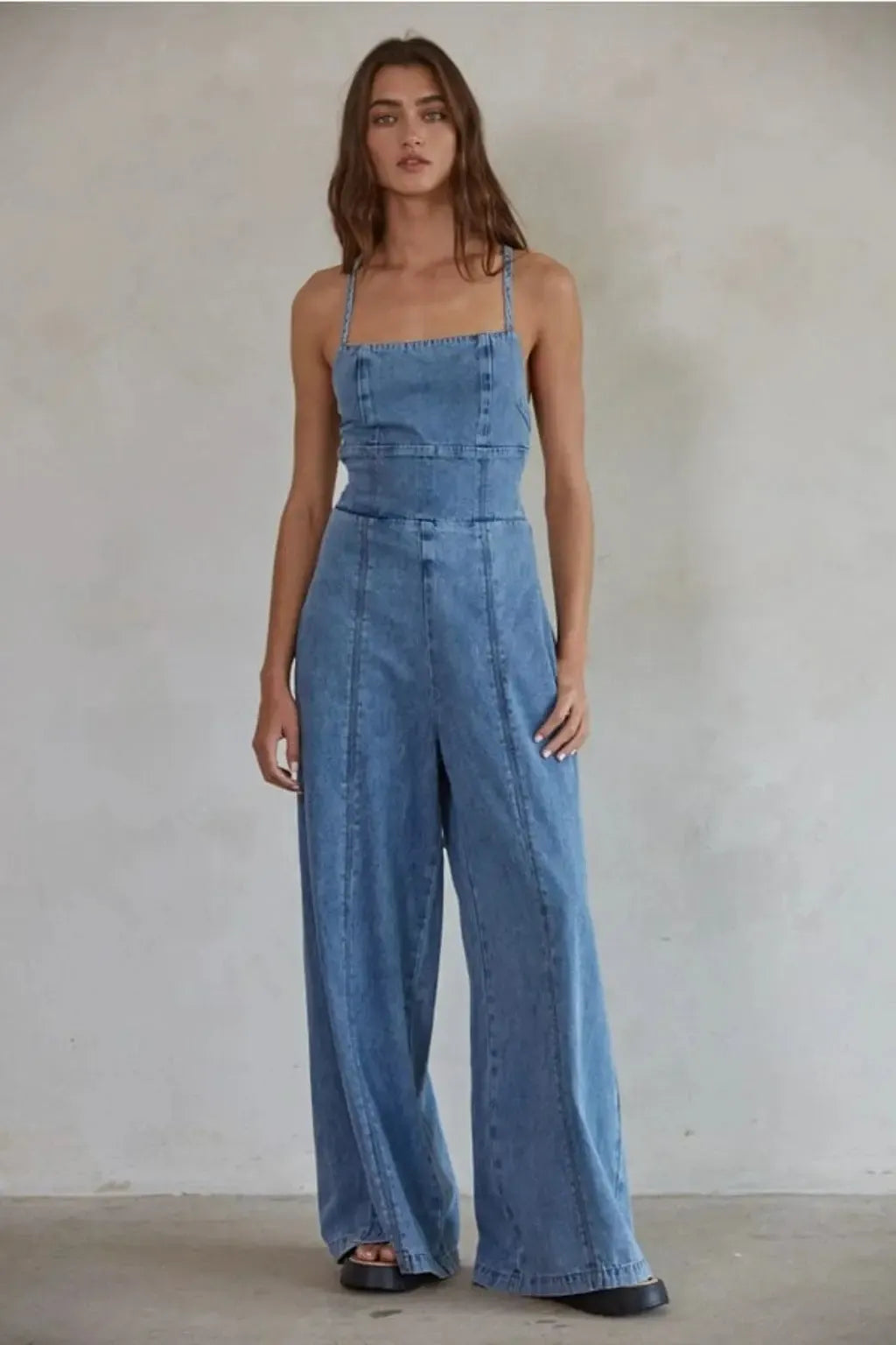 Retro blue denim wide-leg jumpsuit - Epicplacess